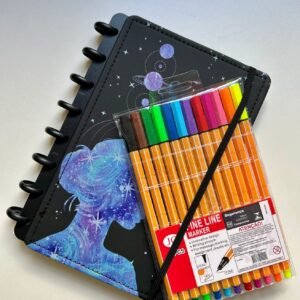 combo caderno de discos estelar + kit caneta fine line 12 cores
