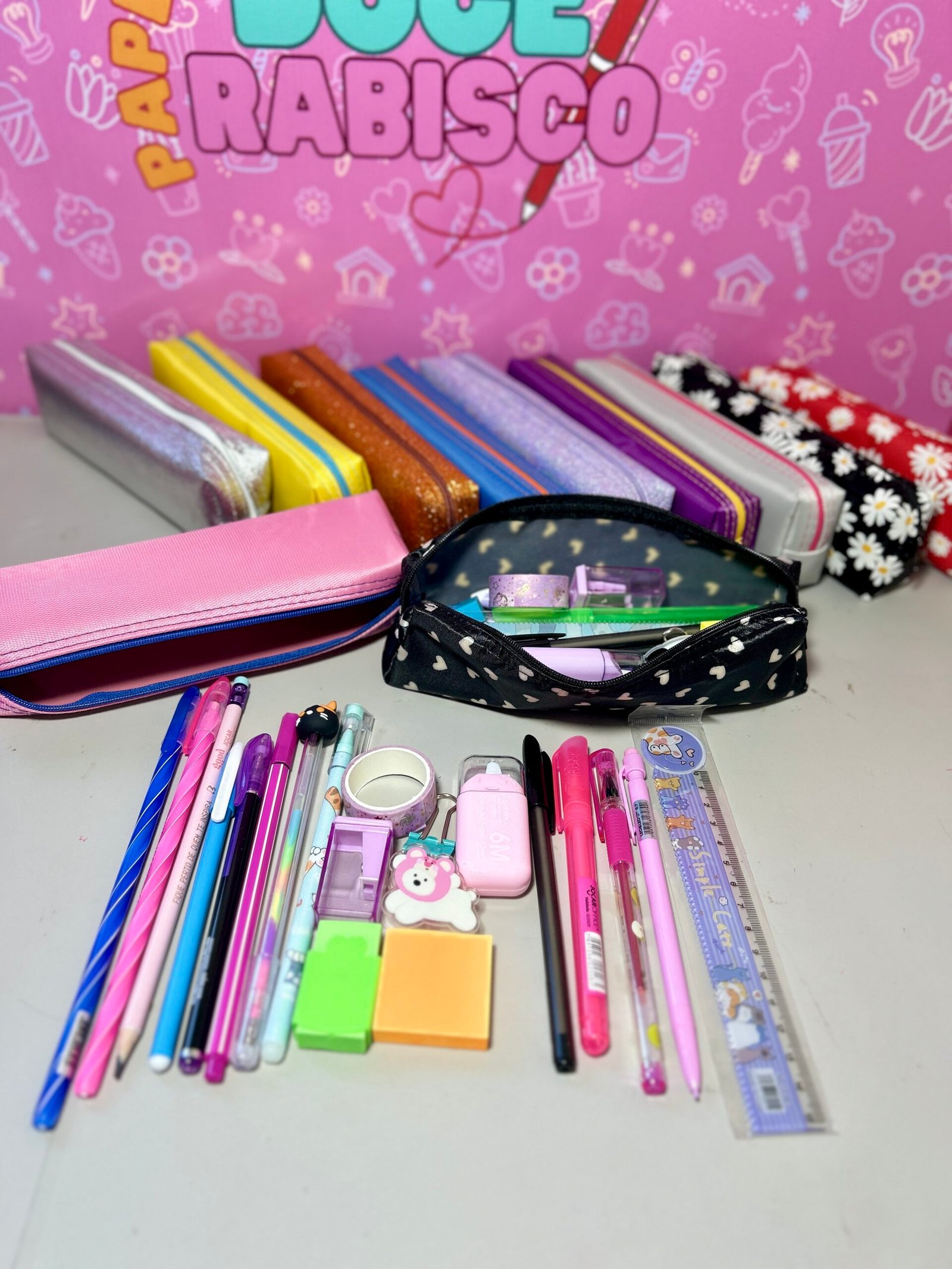 Kit Papelaria Completo 21 Itens com Estojo Fofo ✨ Canetas Lápis Washi Tape e Acessórios