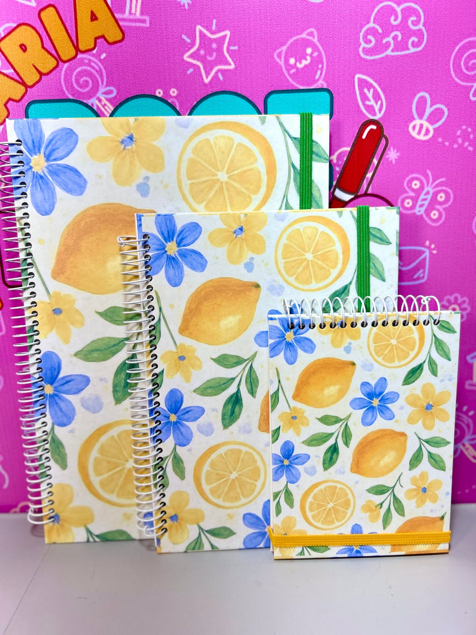 Kit Cadernos Fofos Limão 3 Peças A5 Colegial A6 Papelaria Elegante com Elástico 60 Folhas