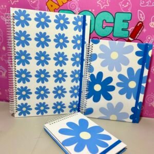 Kit Cadernos Margaridas Azuis ✨ Caderno Grande A5 A6 com Elástico e Folhas Decoradas